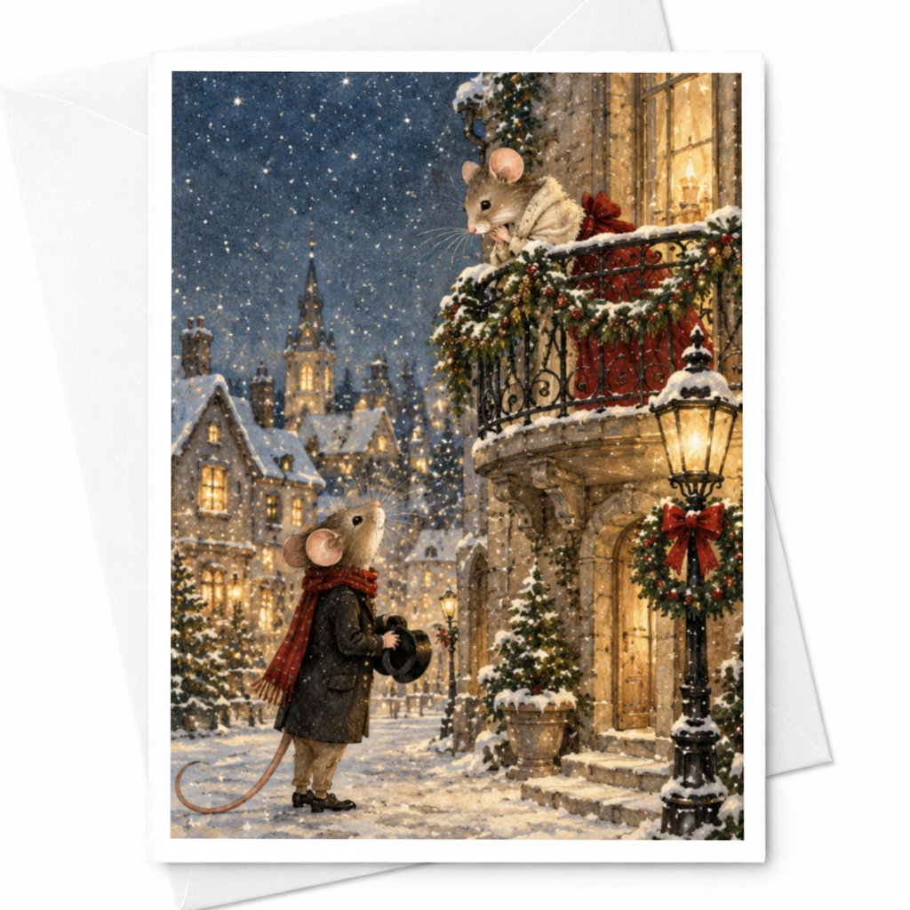Romantic Mice Christmas Card Winter Scene Cute Holiday Greeting Card For Couple Animal Lover Festive Snowy Illustration C9616