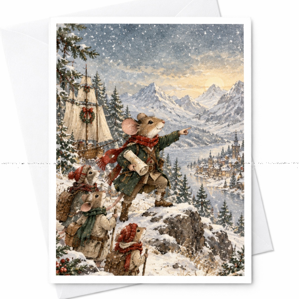 Winter Adventure Mice Card Blank Greeting Card Cute Animal Illustration For Nature Lover Christmas Holiday Card C9588