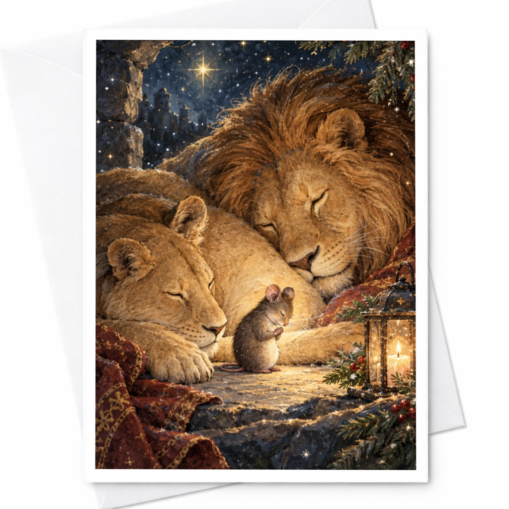 Lions And Mouse Card Cozy Animal Scene Blank Greeting Card For Animal Lover Cute Wildlife Art Christmas Card C9594