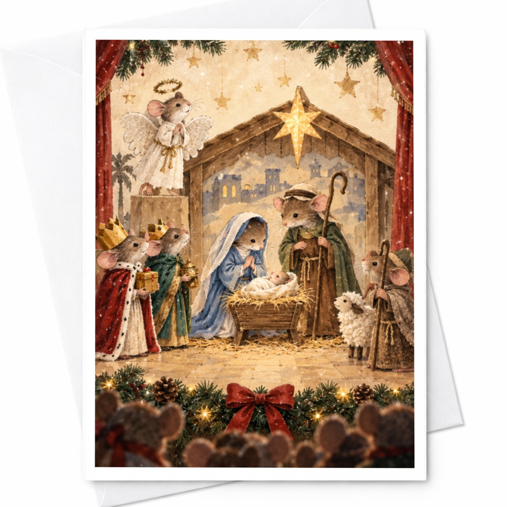 Nativity Scene Christmas Card Cute Mice Illustration Holiday Greeting Card For Family Animal Lover Festive Christmas Card C9601