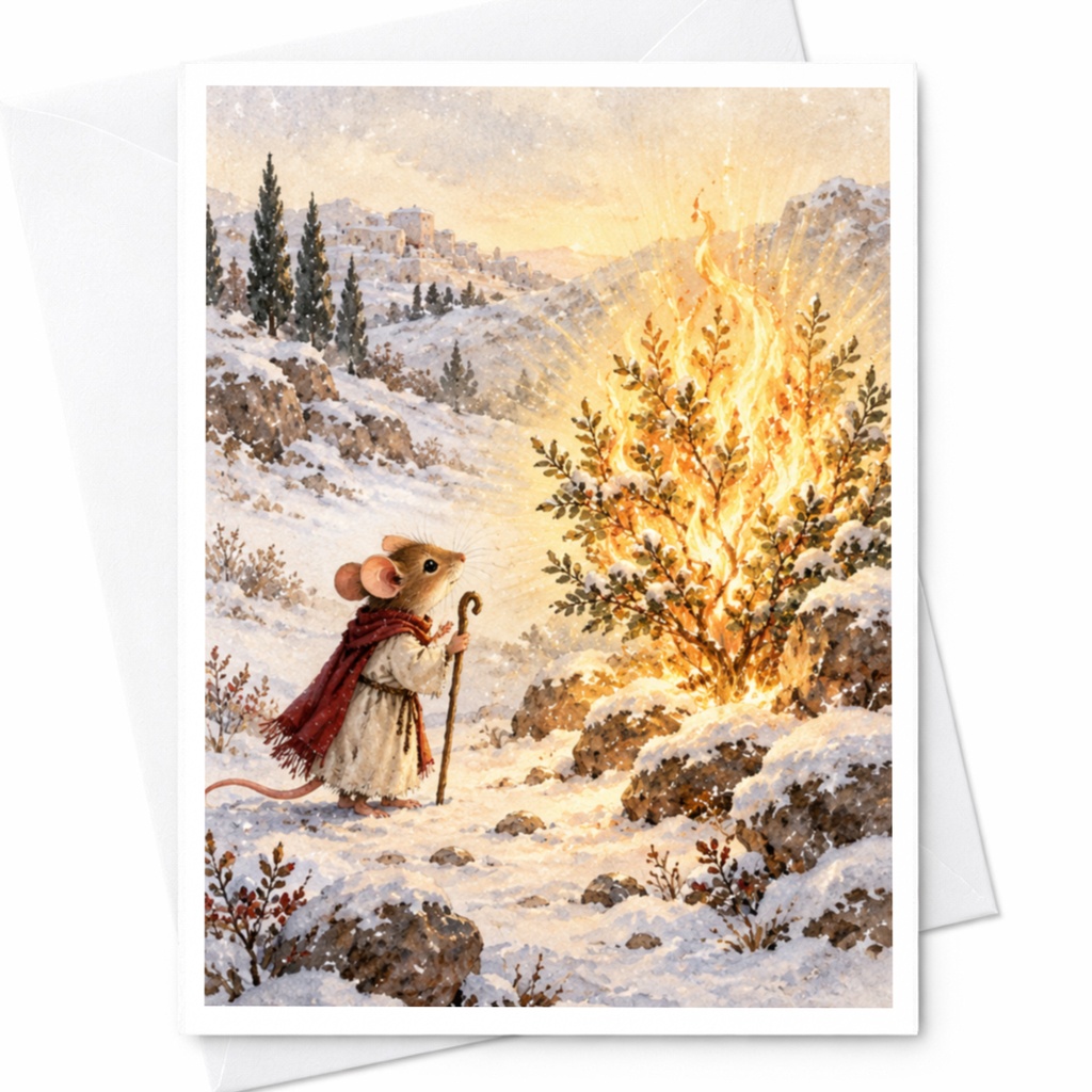 Mouse With Burning Bush Blank Greeting Card Cute Animal Art Card Winter Scene For Nature Lover Whimsical Illustration C9603