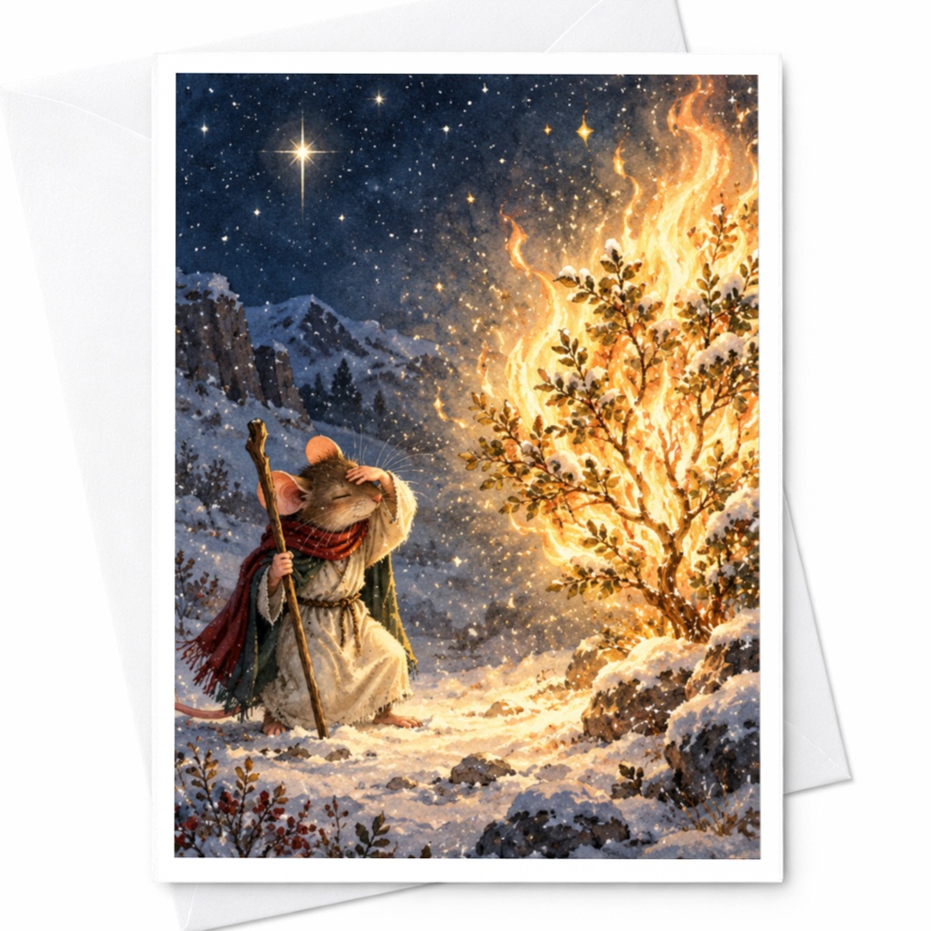 Mouse With Staff And Burning Bush Blank Greeting Card Winter Scene For Nature Lover Whimsical Animal Art Card C9604