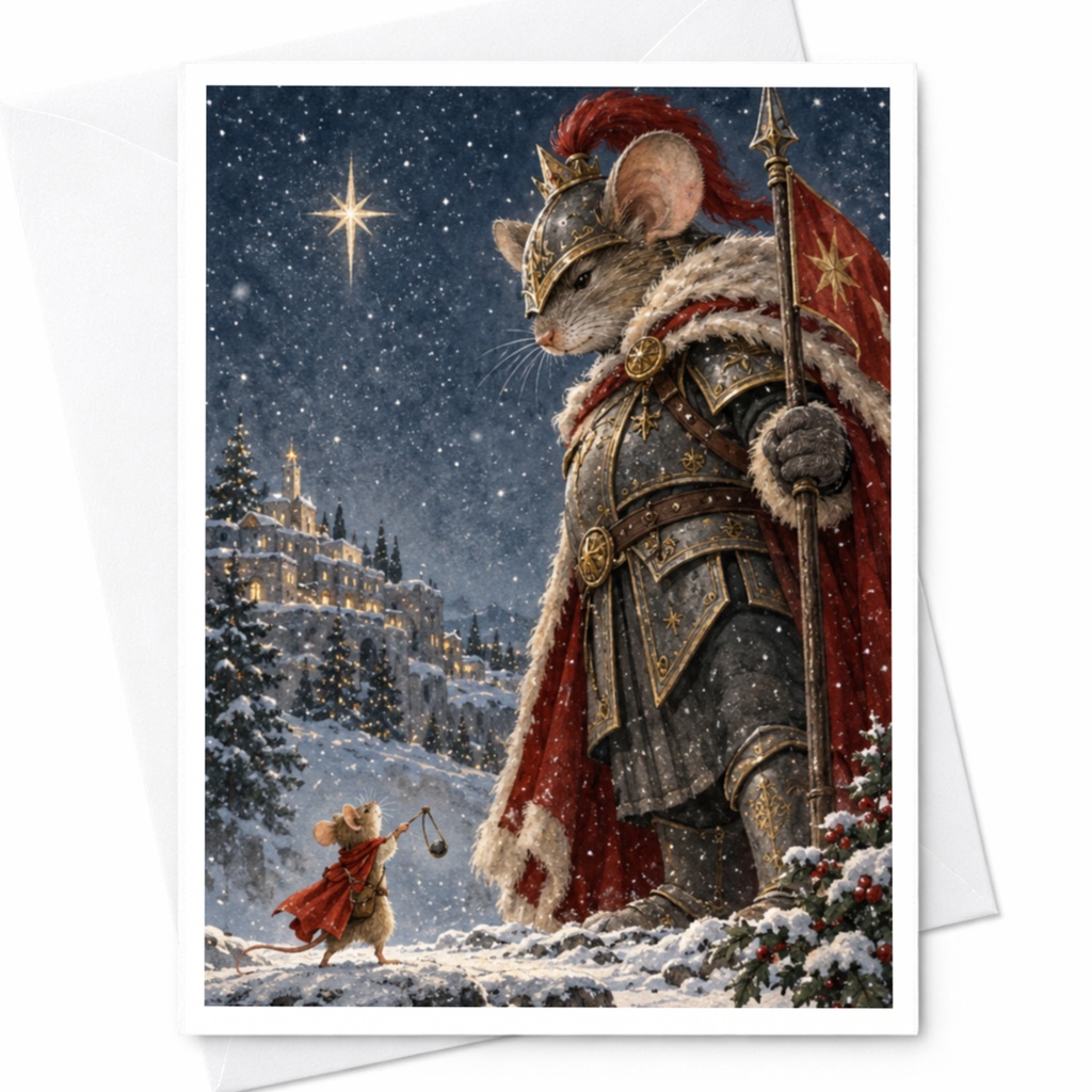 Mouse In Armor Christmas Card Cute Winter Scene Greeting Card Holiday Card For Animal Lover Whimsical Festive Art C9606