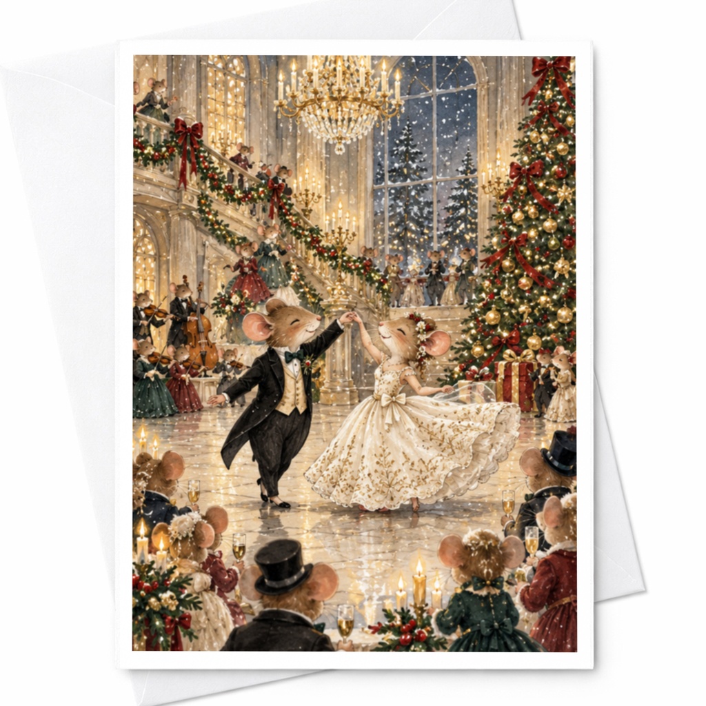 Dancing Mice Christmas Greeting Card Festive Holiday Card Cute Animal Illustration For Couple Romantic Winter Scene C9608