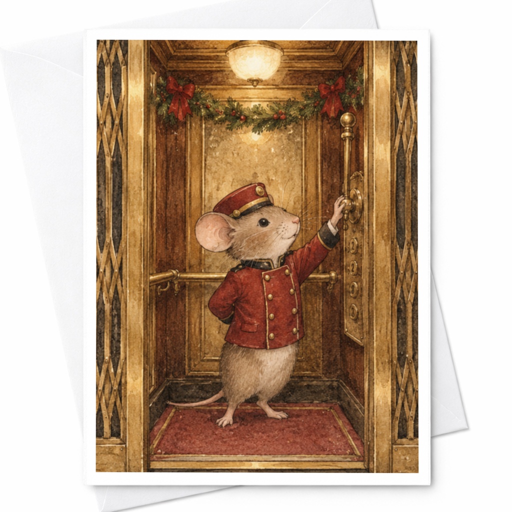 Mouse In Elevator Christmas Card Cute Animal Holiday Greeting Card For Kids Whimsical Festive Card Animal Lover C9619