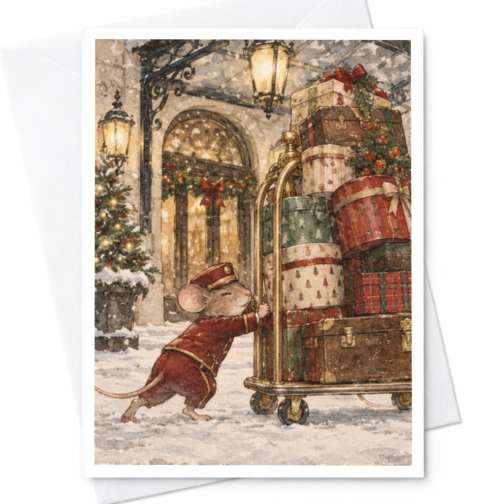 Mouse With Luggage Christmas Card Cute Holiday Greeting Card Winter Scene For Animal Lover Festive Season Card C9620