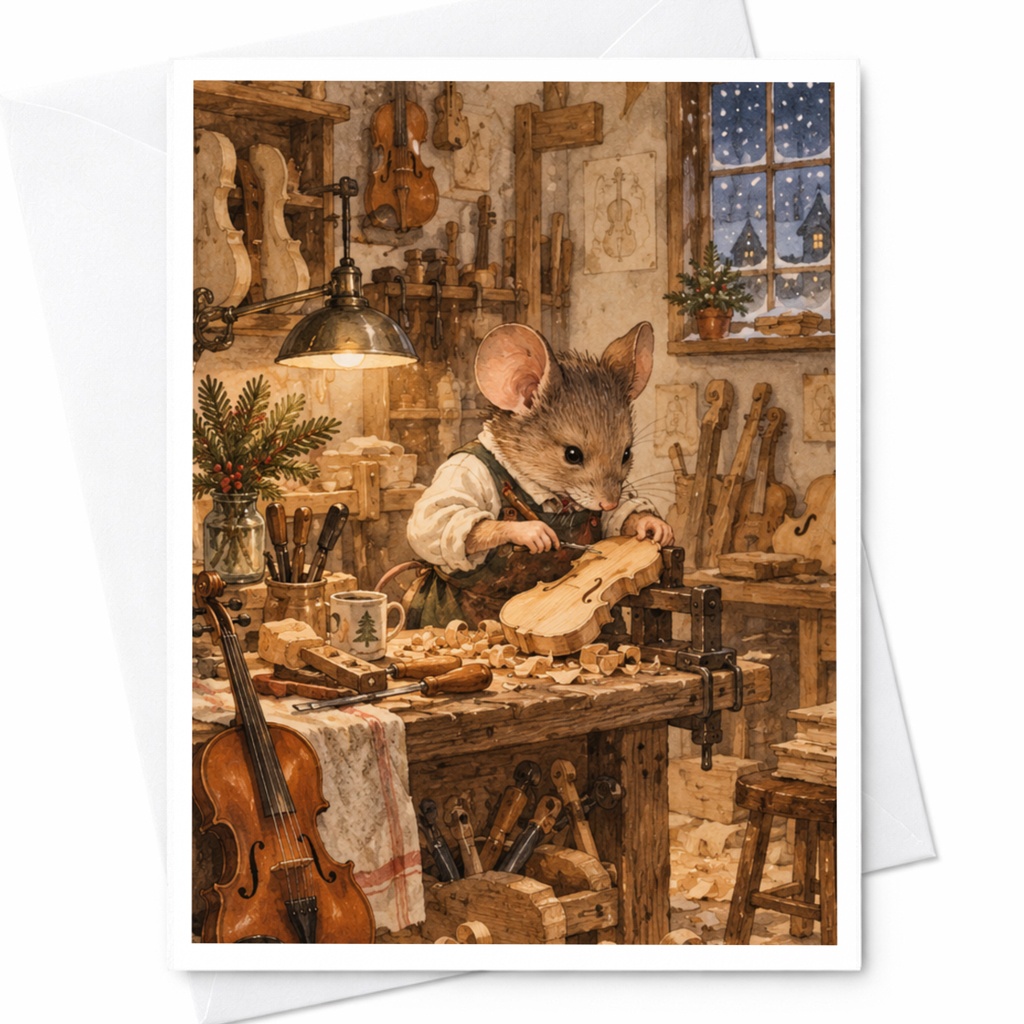 Mouse Crafting Violin Card Blank Greeting Card Cute Animal Art For Music Lover Whimsical Woodland Scene Everyday Card C9623