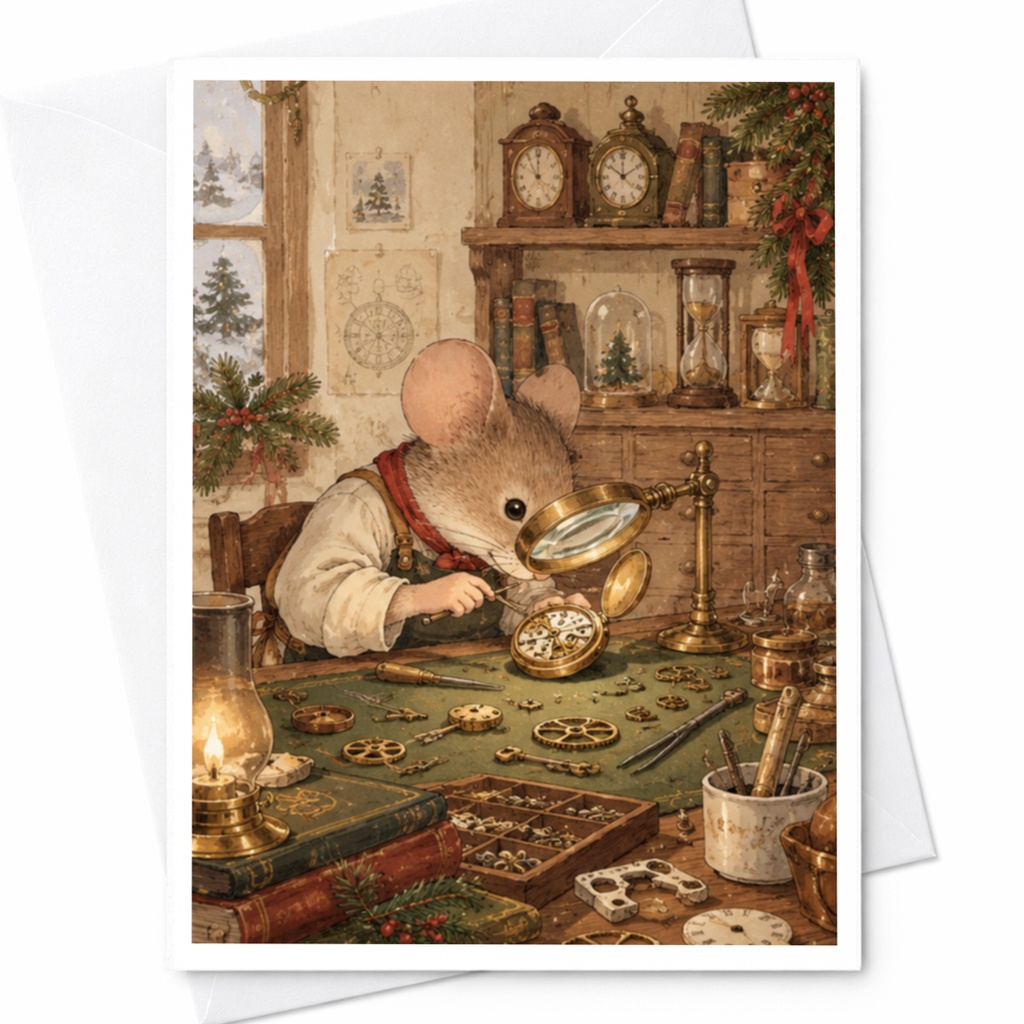 Mouse Clockmaker Card Cute Animal Illustration Blank Greeting Card For Kids Vintage Style Whimsical Art Everyday Card C9627