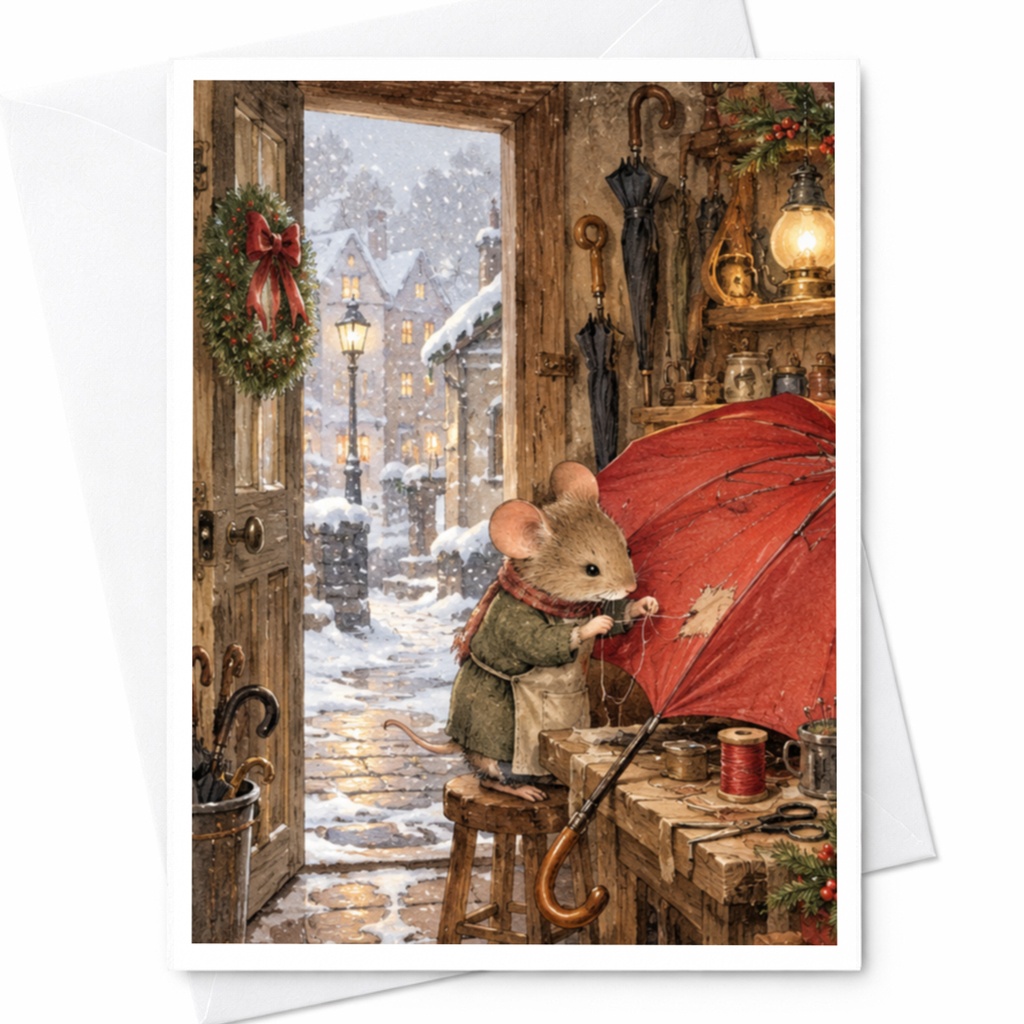 Mouse Repairing Umbrella Christmas Card Cozy Winter Scene Holiday Greeting Card For Animal Lover Cute Festive Card C9633
