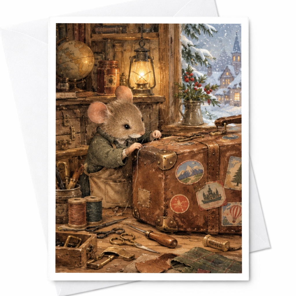 Mouse With Suitcase Cozy Workshop Blank Greeting Card Cute Animal Illustration Everyday Card For Animal Lover Whimsical Art C9634