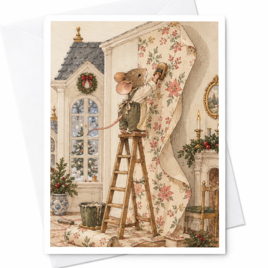 Mouse Decorating Christmas Card Cute Holiday Greeting Card Festive Animal Illustration For Kids Family Winter Scene C9635