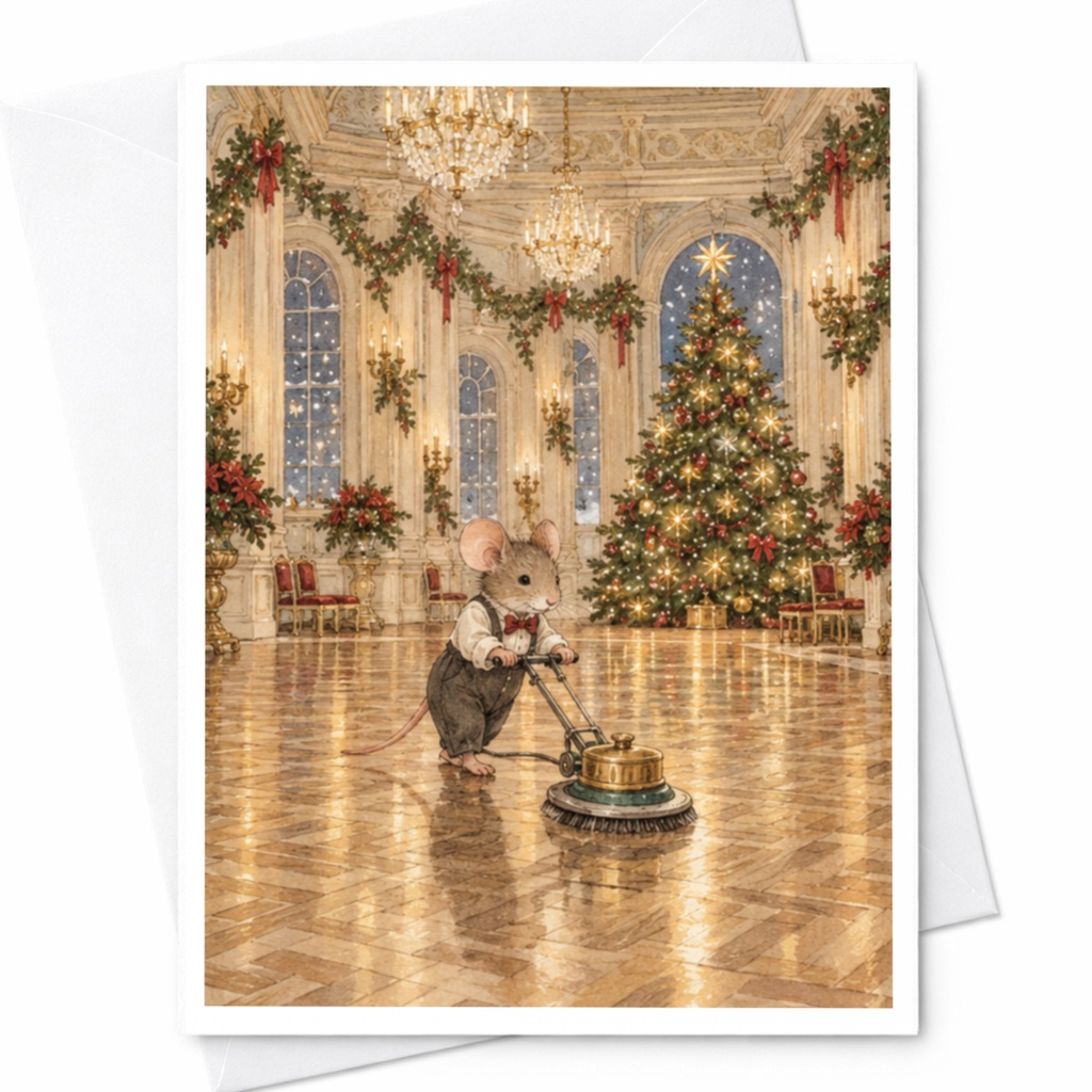 Mouse Polishing Ballroom Floor Christmas Card Cute Holiday Greeting Card Festive Animal Illustration For Kids Family C9636