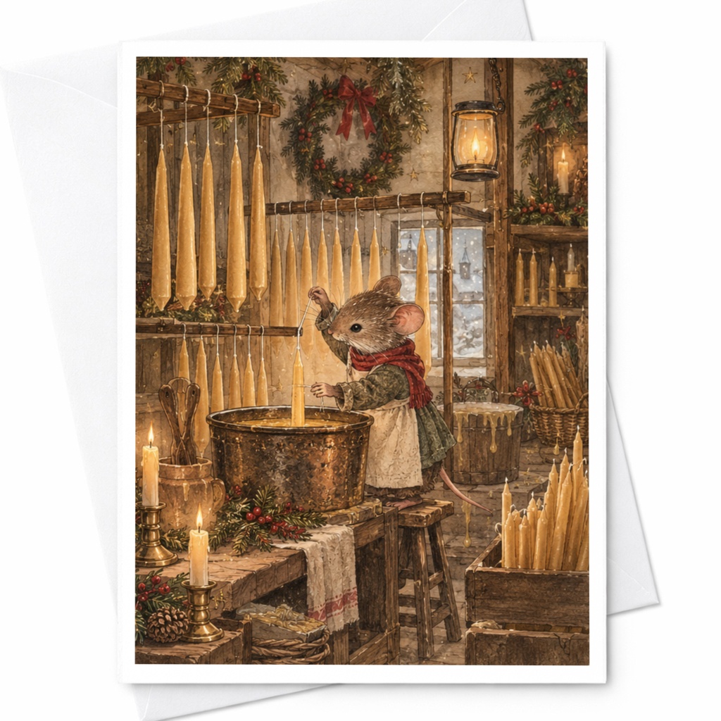 Mouse Making Candles Christmas Card Cute Holiday Greeting Card For Animal Lover Cozy Winter Scene Festive Card C9638