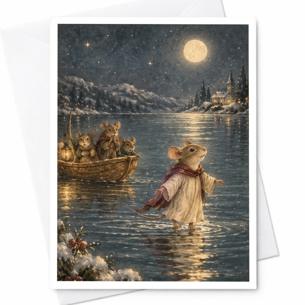 Mice On Moonlit Lake Blank Greeting Card Cute Animal Card For Nature Lover Whimsical Art Card Everyday Card For Friend C9641