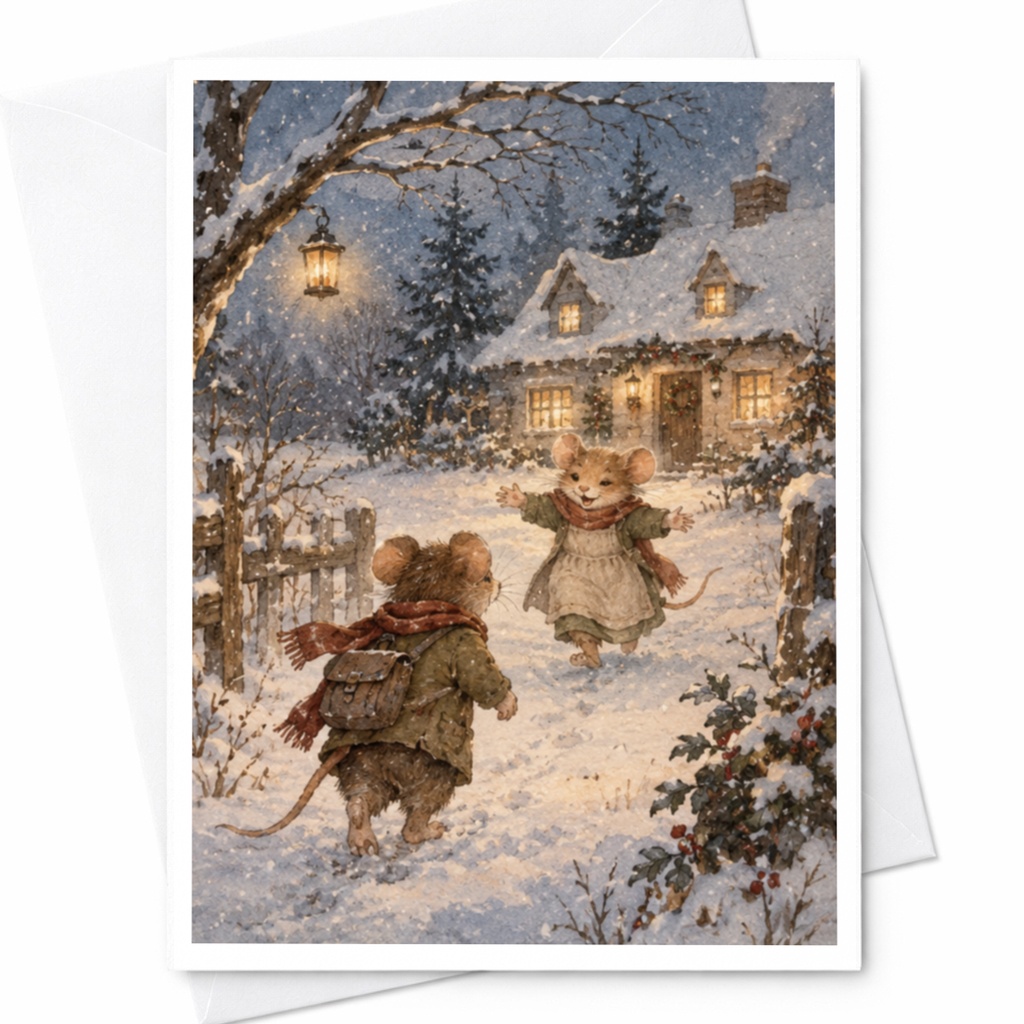 Mice Winter Scene Christmas Card Cute Holiday Greeting Card For Family Cozy Snowy Cottage Illustration Animal Lover C9648