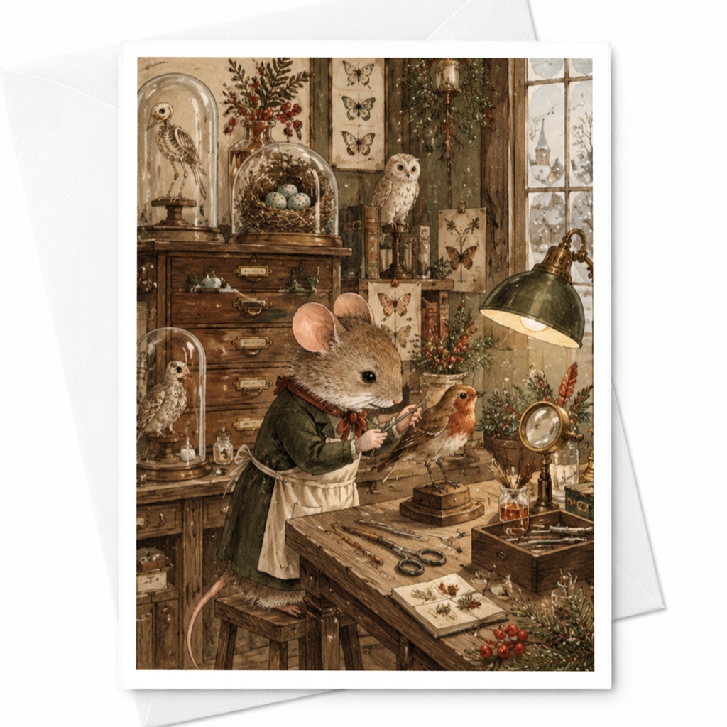 Mouse And Bird Vintage Workshop Card Blank Greeting Card Woodland Animal Art For Nature Lover Cute Illustrated Card C9621