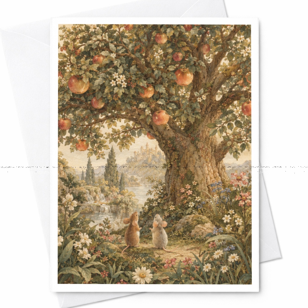 Mice Under Apple Tree Blank Greeting Card Nature Illustration For Animal Lover Cute Everyday Card Whimsical Art Card C9653