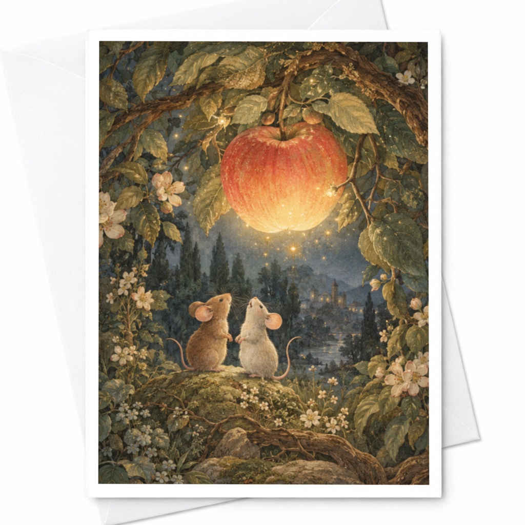 Whimsical Mice Under Glowing Apple Blank Greeting Card Cute Animal Art For Nature Lover Enchanting Illustration Everyday Card C9654