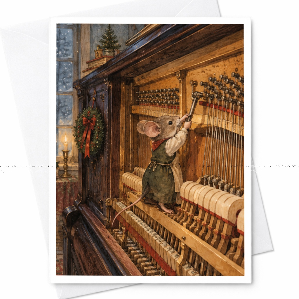 Mouse Playing Piano Christmas Card Cute Holiday Greeting Card For Music Lover Whimsical Animal Art Festive Winter Scene C9624