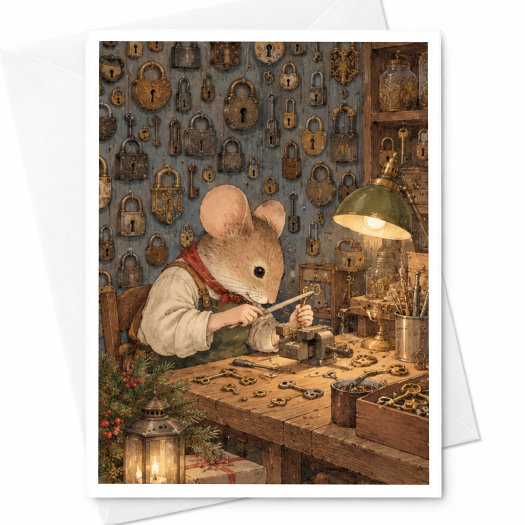 Mouse Working With Keys Blank Greeting Card Cute Animal Illustration For Friend Whimsical Art Card Everyday Card C9628