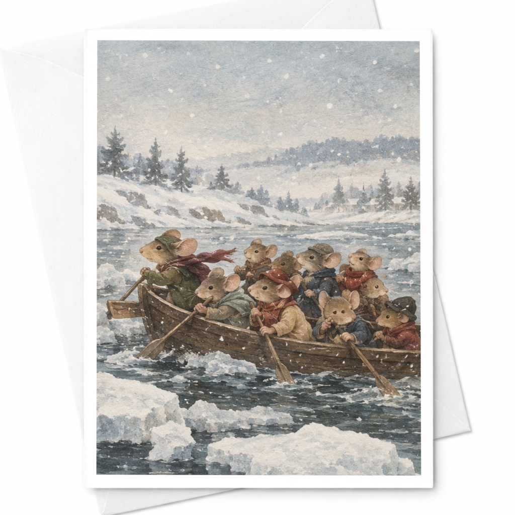 Mice Rowing Boat Winter Scene Blank Greeting Card Cute Animal Card For Nature Lover Whimsical Art Everyday Card C9659