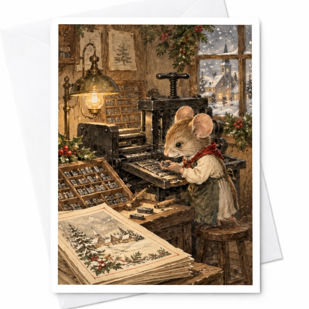 Mouse In Cozy Print Shop Christmas Card Cute Animal Holiday Greeting Card For Kids Winter Scene Festive Illustration C9629