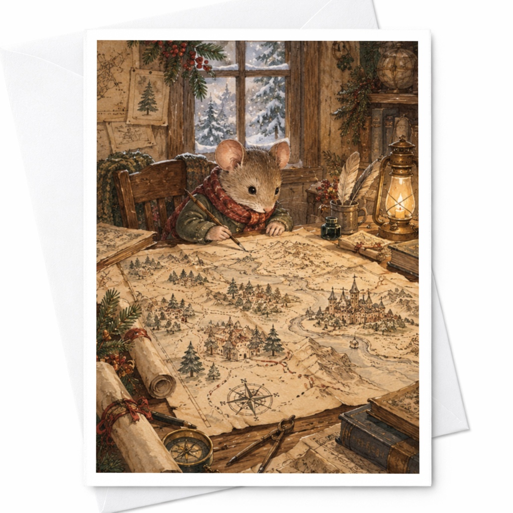 Mouse Adventure Card Cozy Winter Scene Blank Greeting Card For Animal Lover Cute Illustration Holiday Card Warm Wishes C9631