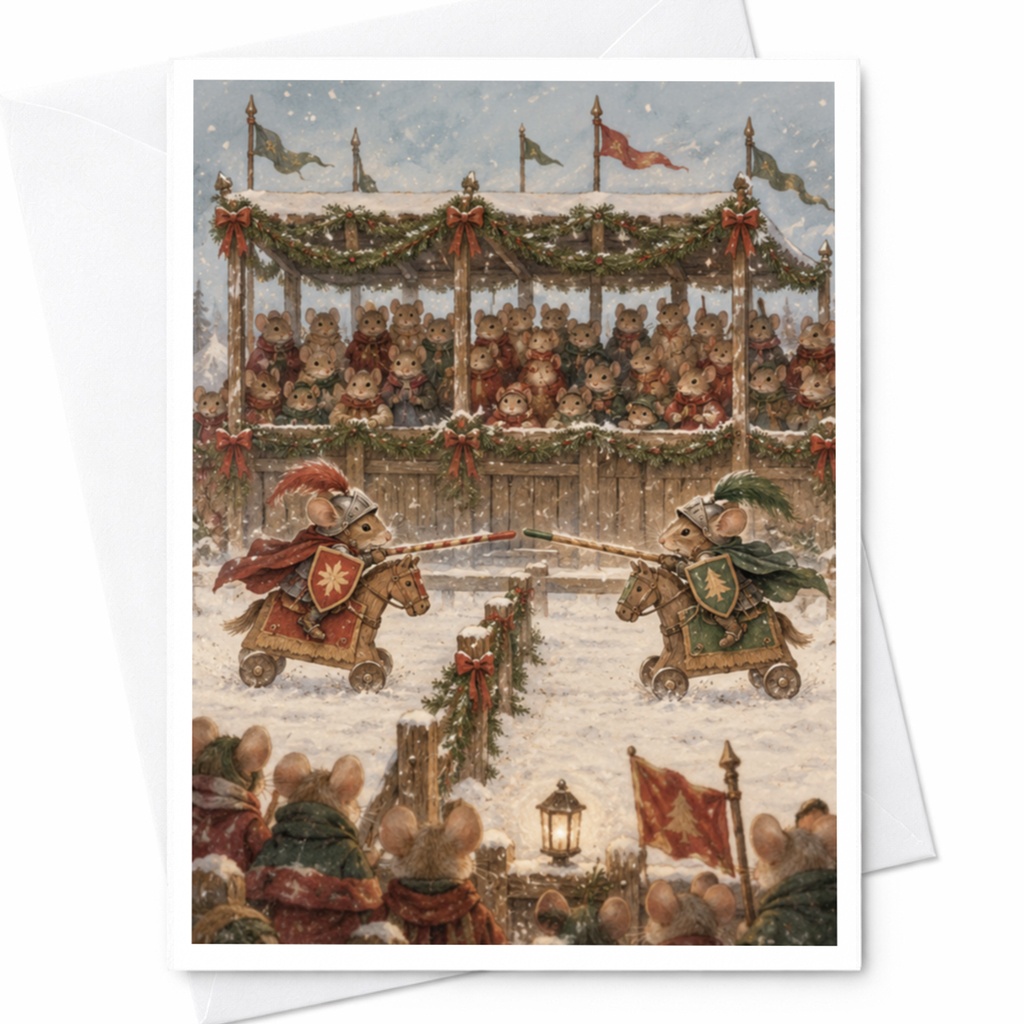 Mouse Jousting Scene Blank Greeting Card Cute Animal Illustration Card For Kids Whimsical Art Lovers Everyday Card C9662