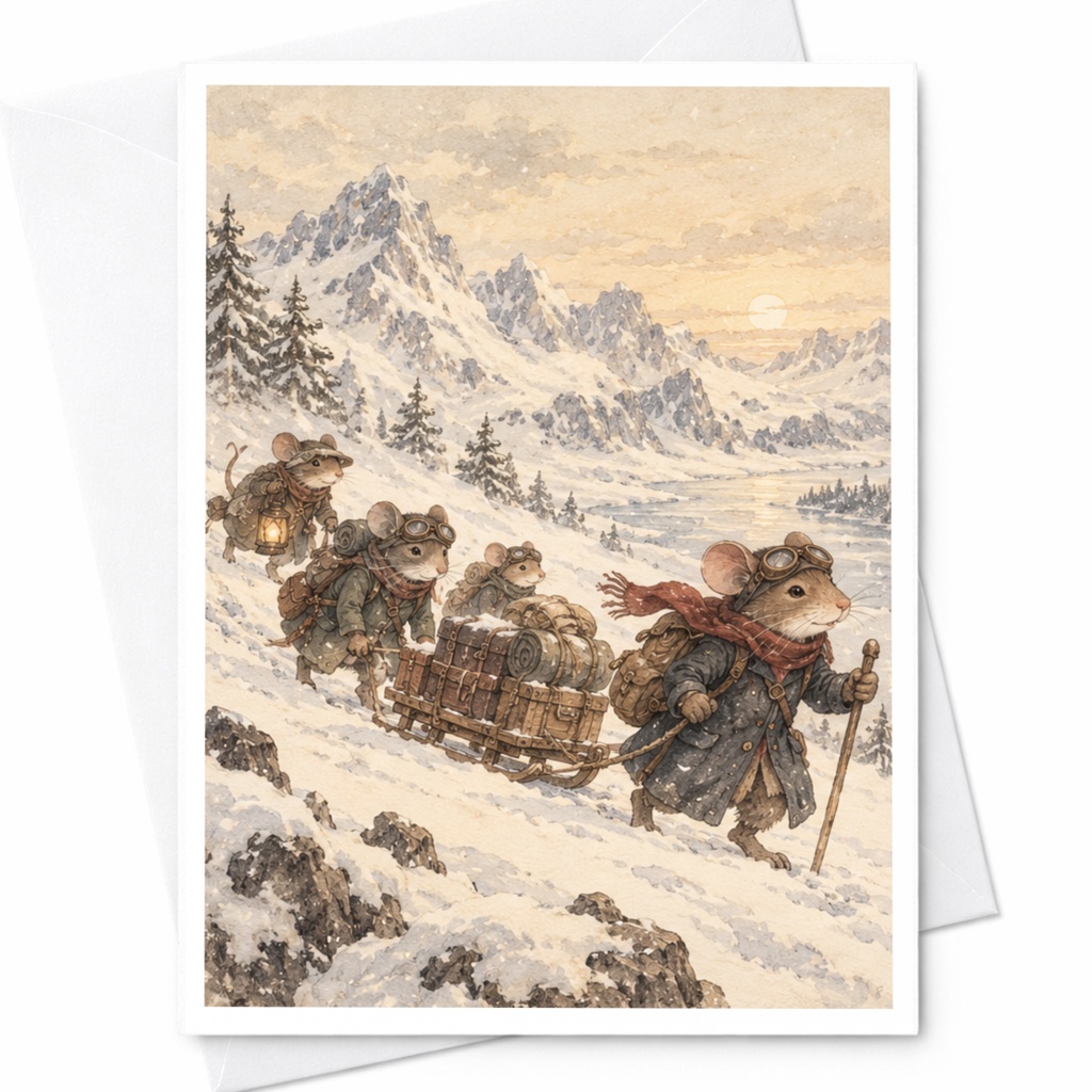 Mice Winter Adventure Card Blank Greeting Card Cute Animal Illustration For Nature Lover Whimsical Art Everyday Card C9663