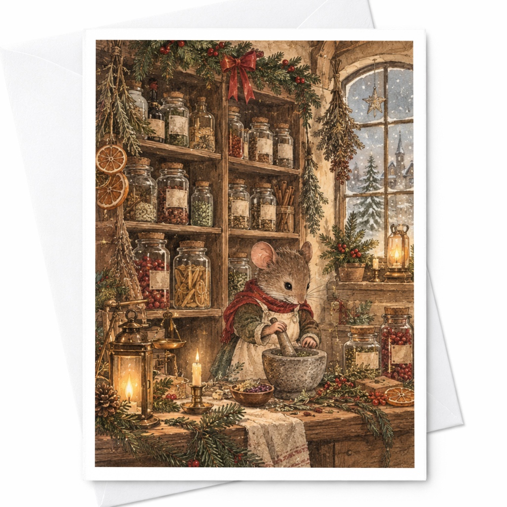 Mouse In Cozy Kitchen Christmas Greeting Card Woodland Animal Holiday Card Cute Winter Scene For Animal Lover C9637