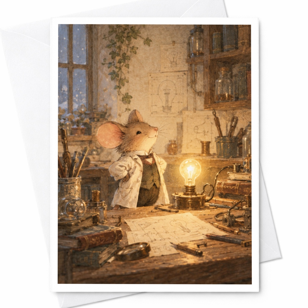 Mouse Inventor Card Cute Animal Blank Greeting Card For Scientist Inventor Art Lover Whimsical Illustration Everyday Card C9671