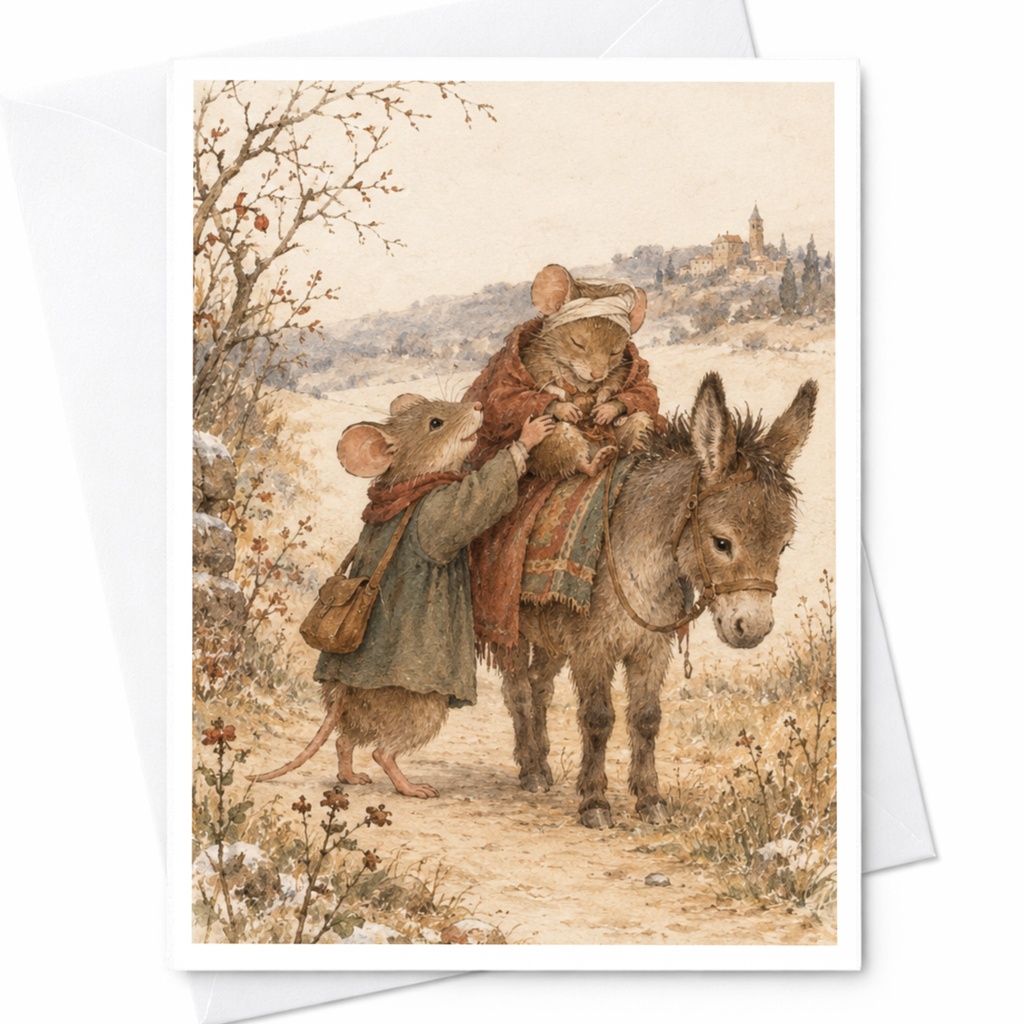 Mice With Donkey Illustration Blank Greeting Card Cute Animal Art Everyday Card For Animal Lover Whimsical Nature Scene C9645