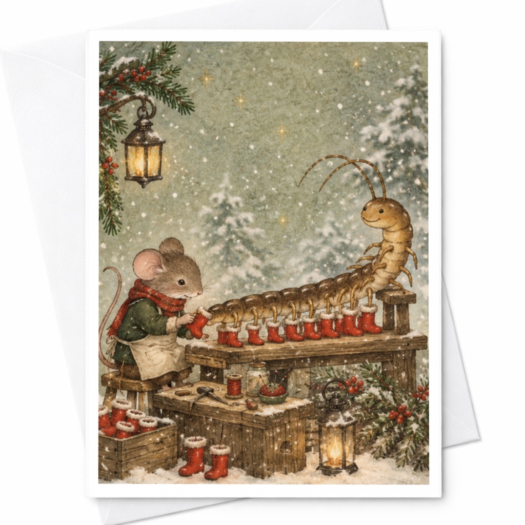 Mouse And Centipede Christmas Card Cute Animal Holiday Greeting Card Winter Scene For Kids Family Festive Illustration C9678