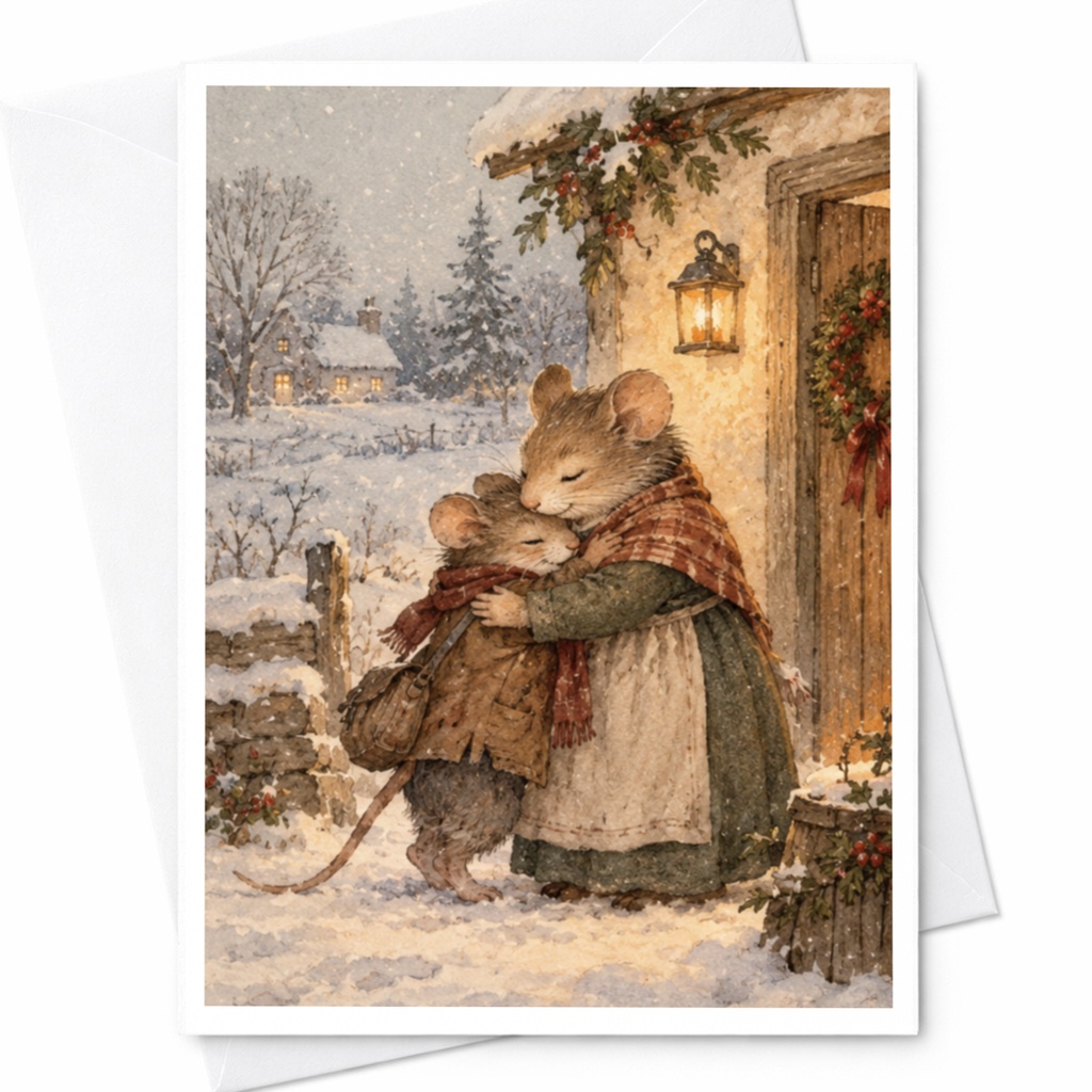 Mice Hugging Winter Scene Greeting Card Cute Animal Christmas Card For Family Cozy Holiday Card Warm Wishes C9647