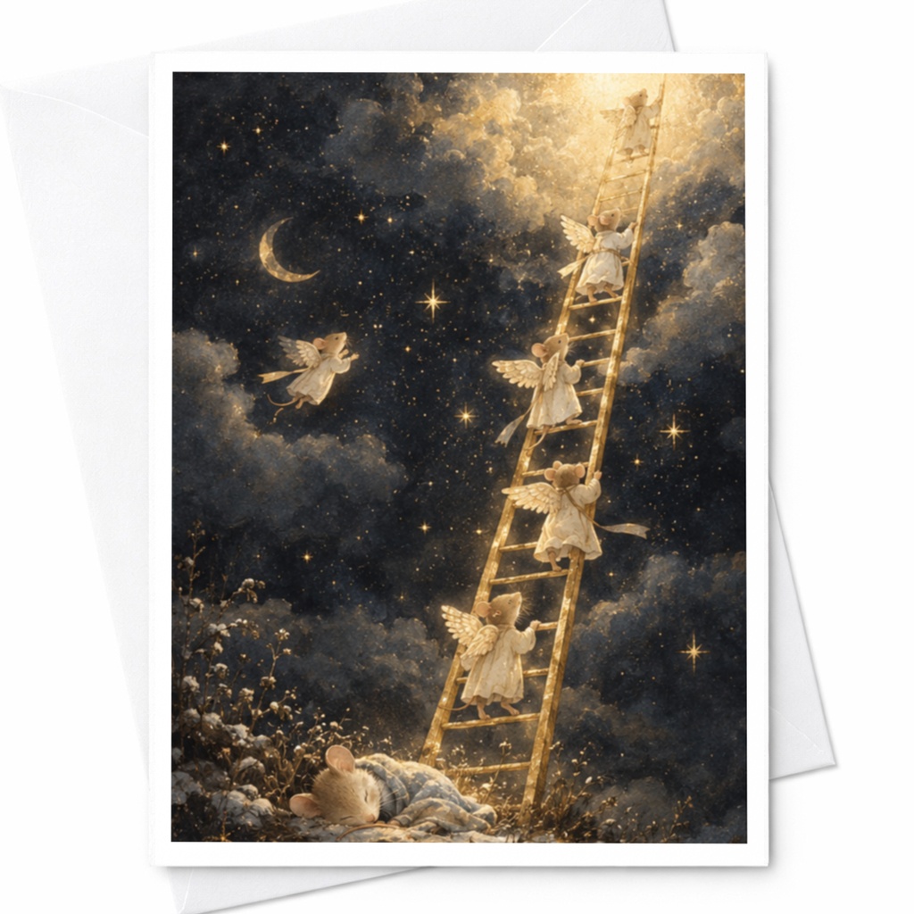 Angel Mice Climbing Ladder Blank Greeting Card Whimsical Animal Card For Kids Cute Starry Night Illustration Fantasy Art C9649