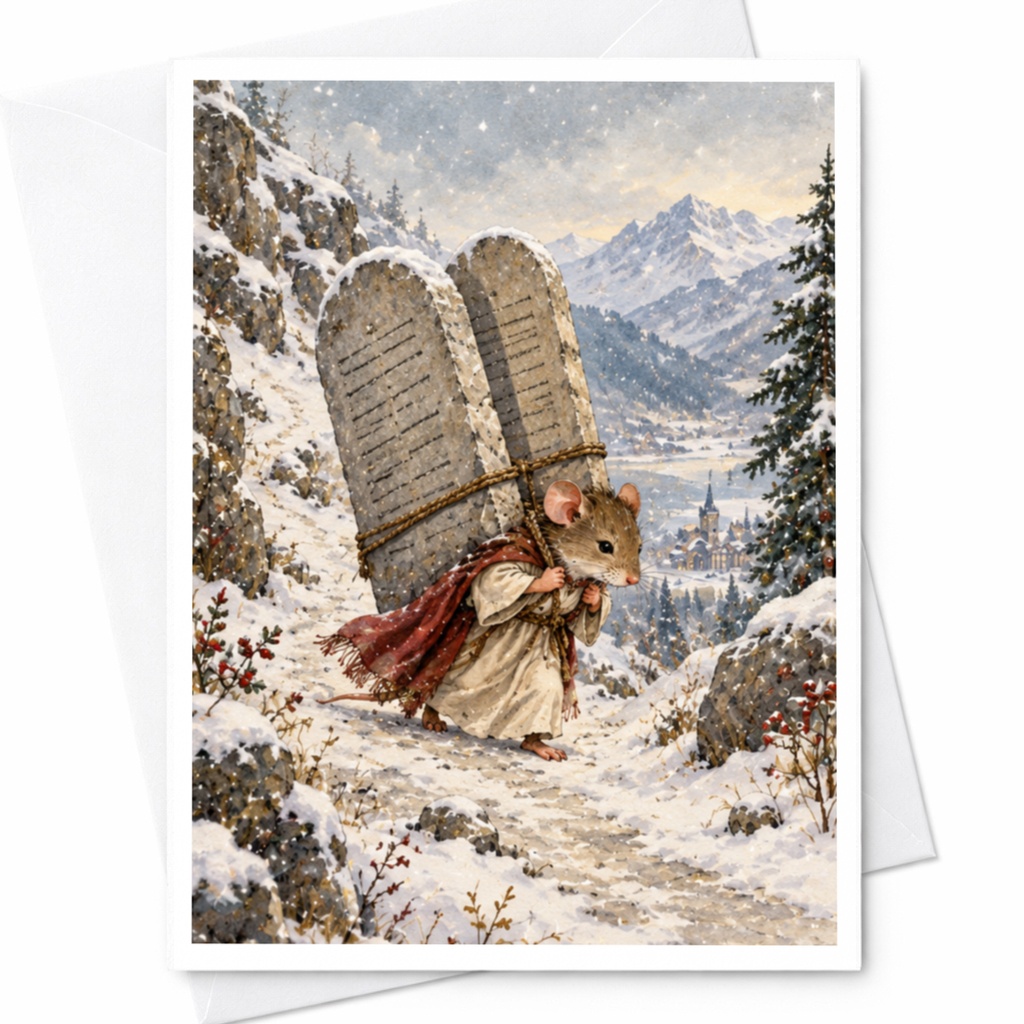 Mouse Carrying Stone Tablets Card Blank Greeting Card Winter Scene Animal Art For Nature Lover Cute Whimsical Everyday Card C9652