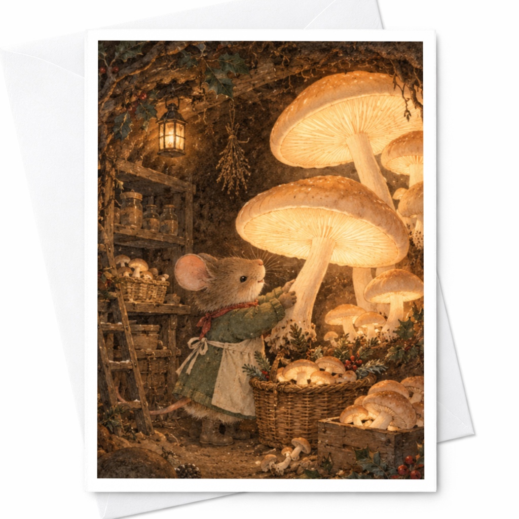 Mouse With Mushrooms Blank Greeting Card Woodland Animal Art Cute Nature Illustration For Nature Lover Whimsical Everyday Card C9684