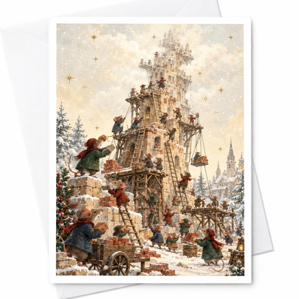 Mice Building Tower Christmas Card Cute Holiday Greeting Card Winter Wonderland Scene For Animal Lover Festive Art C9655