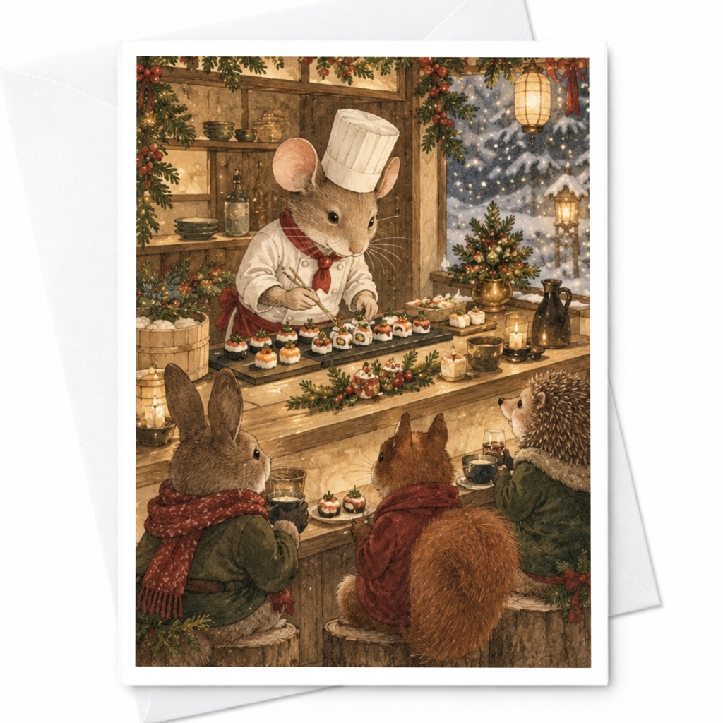 Mouse Chef With Animal Friends Blank Greeting Card Woodland Animals Cute Winter Scene Holiday Card For Animal Lover C9687