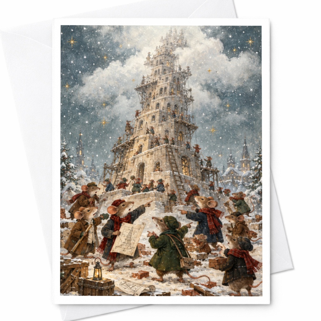 Mice Building Tower Christmas Card Cute Winter Scene Holiday Greeting Card For Animal Lover Whimsical Festive Art Card C9656