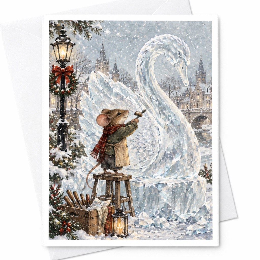 Mouse Carving Ice Swan Christmas Card Winter Wonderland Greeting Card Cute Animal Holiday Card For Friends Family C9689