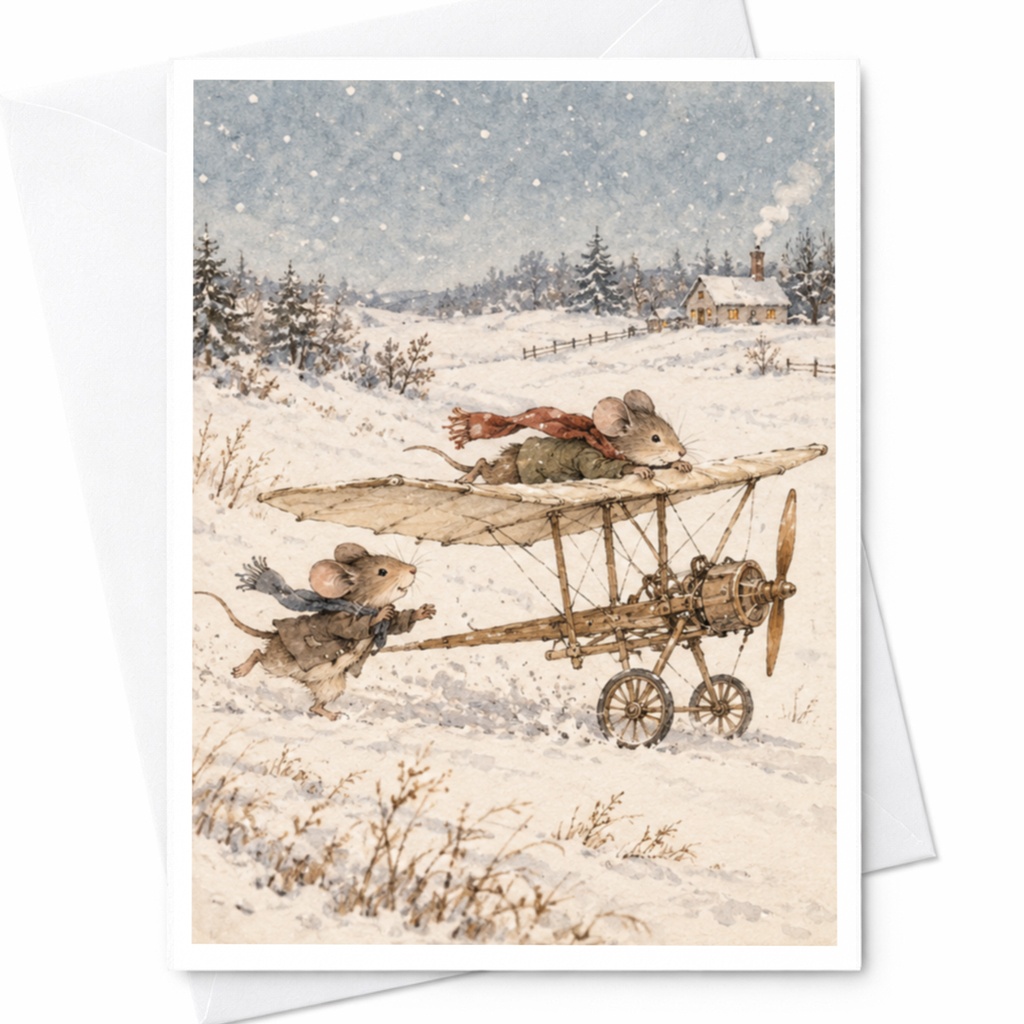 Mice Adventure Card Cute Animal Greeting Card Blank Winter Card For Kids Whimsical Illustration Snowy Landscape Art C9658