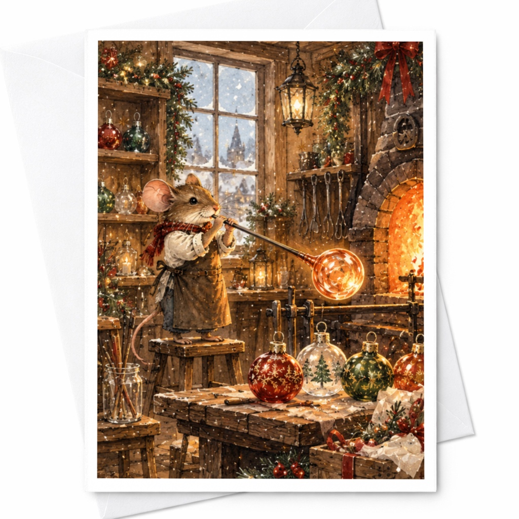 Mouse Glassblowing Christmas Greeting Card Festive Holiday Card Cute Animal Art Winter Scene For Friend Family C9690