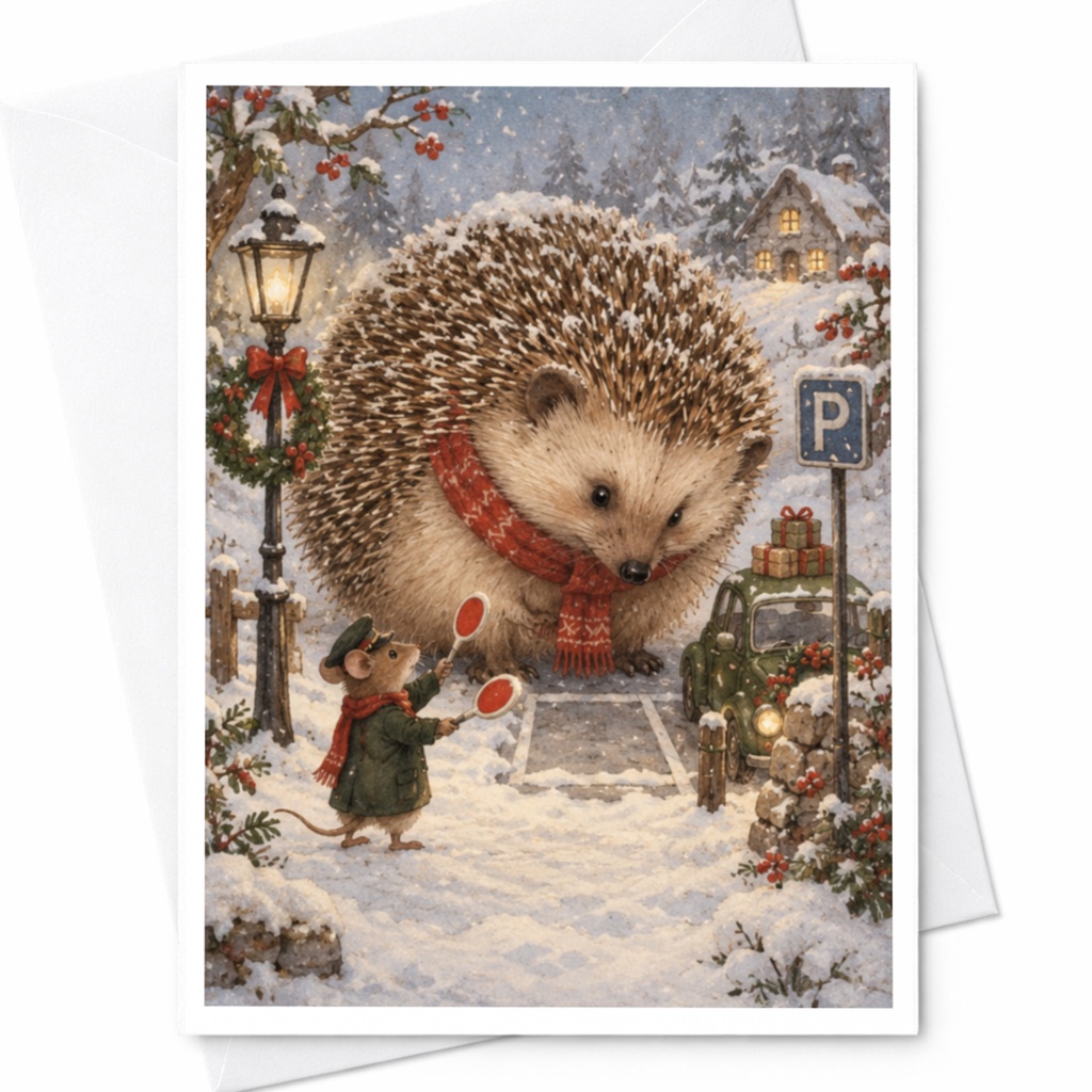 Hedgehog And Mouse Winter Scene Christmas Card Cute Animal Holiday Greeting Card For Nature Lover Festive Snowy Illustration C9692