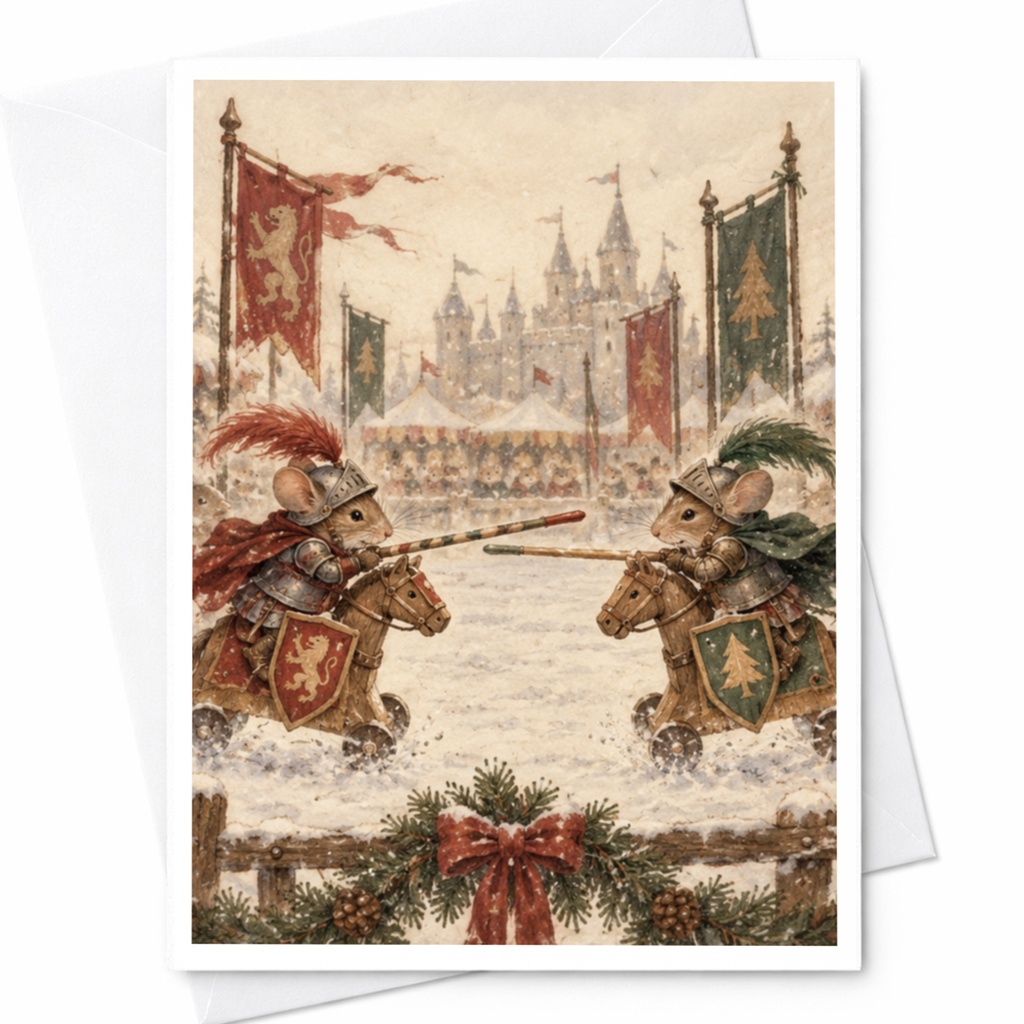 Mice Jousting Scene Blank Greeting Card Cute Animal Illustration Card For Kids Whimsical Art Card Fantasy Lovers C9661