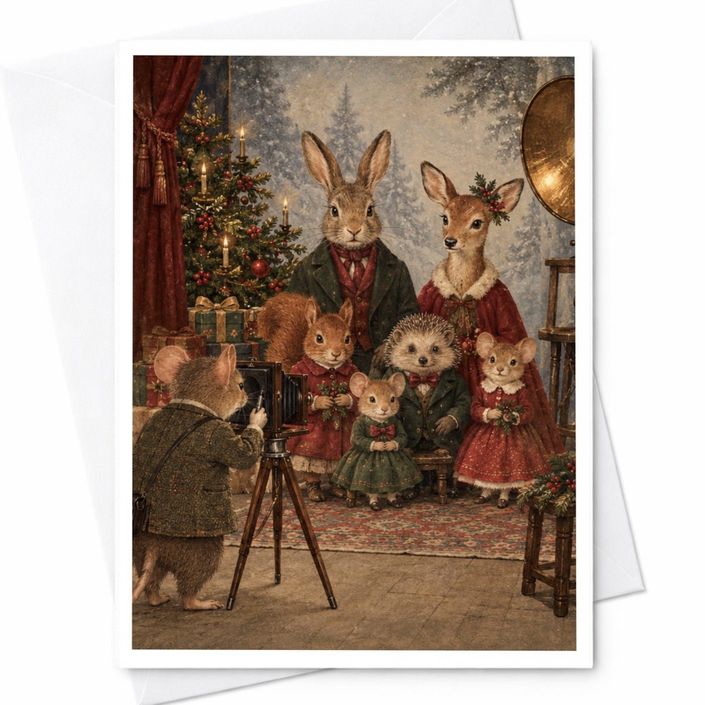 Vintage Animal Family Portrait Christmas Card Cute Woodland Creatures Holiday Greeting Card For Animal Lover Festive Scene C9694