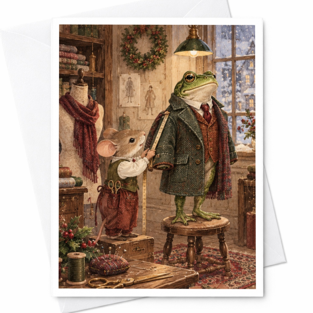 Mouse Tailoring Frog Suit Blank Greeting Card Whimsical Animal Art Everyday Card For Animal Lover Cute Illustration C9695