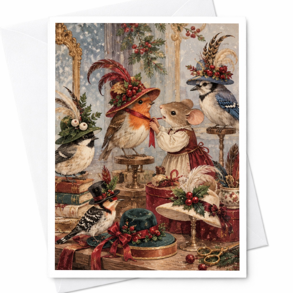 Festive Animals With Hats Christmas Card Cute Holiday Greeting Card For Animal Lover Winter Scene Adorable Illustration C9696