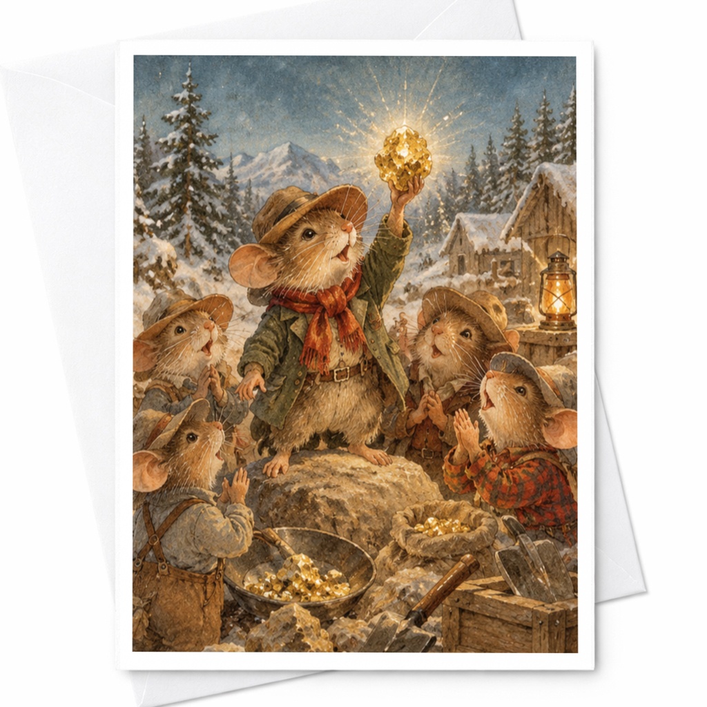Mice Discovering Gold Blank Greeting Card Cute Animal Card For Nature Lover Whimsical Illustration Everyday Card For Friend C9666