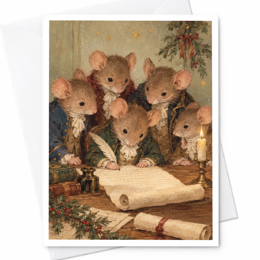 Mice Writing Christmas Card Cute Animal Holiday Greeting Card For Family Festive Illustration With Quill And Candle C9668